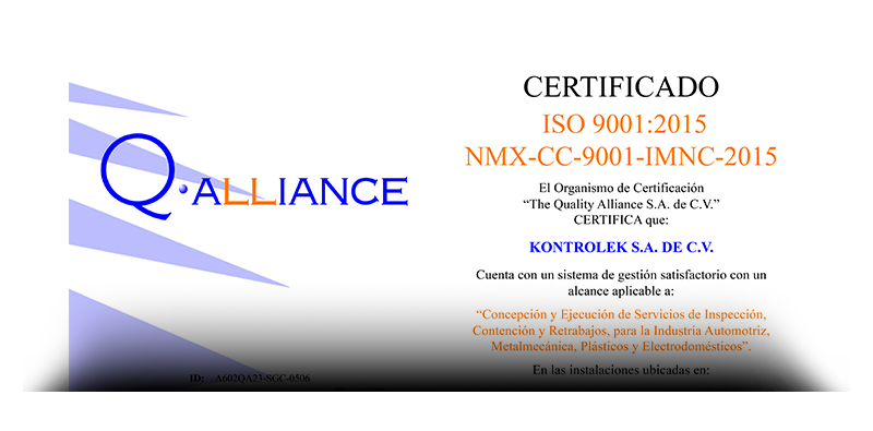 Q ALLIANCE ISO 9001 KONTROLEK CERTIFICADO